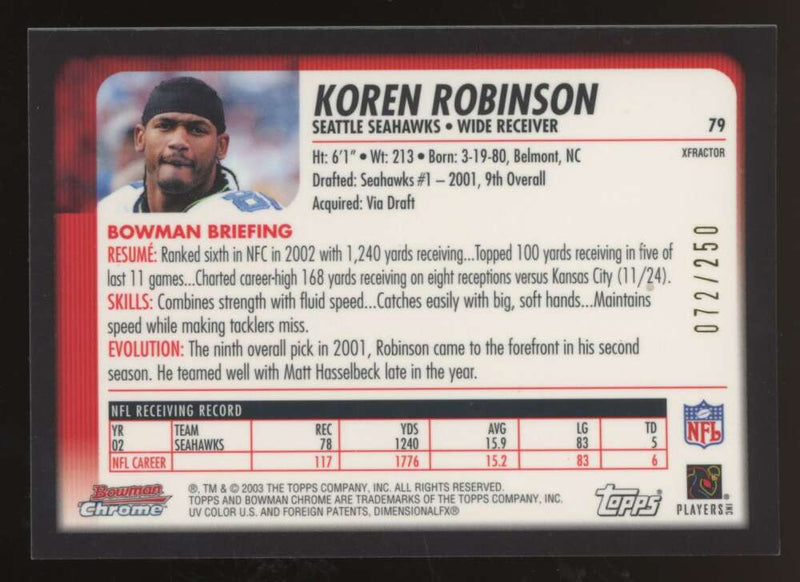 Load image into Gallery viewer, 2003 Bowman Chrome Xfractor Koren Robinson #79 Seattle Seahawks /250 Image 2
