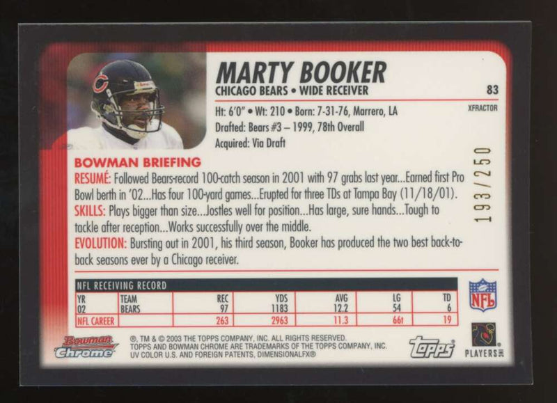 Load image into Gallery viewer, 2003 Bowman Chrome Xfractor Marty Booker #83 Chicago Bears /250 Image 2
