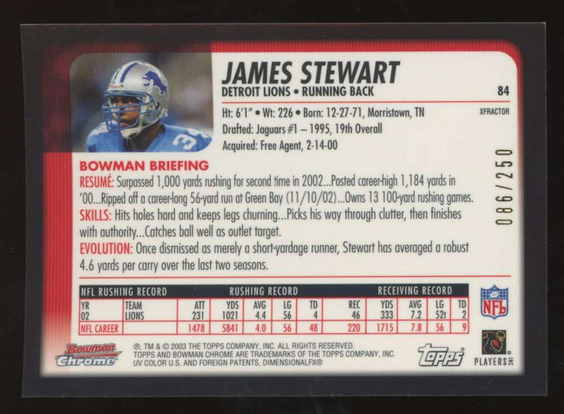 Load image into Gallery viewer, 2003 Bowman Chrome Xfractor James Stewart #84 Detroit Lions /250 Image 2
