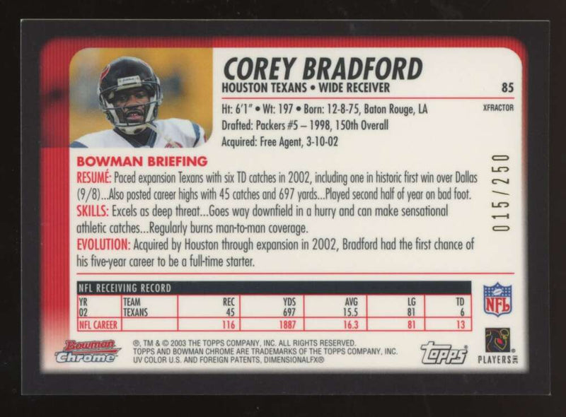 Load image into Gallery viewer, 2003 Bowman Chrome Xfractor Corey Bradford #85 Houston Texans /250 Image 2
