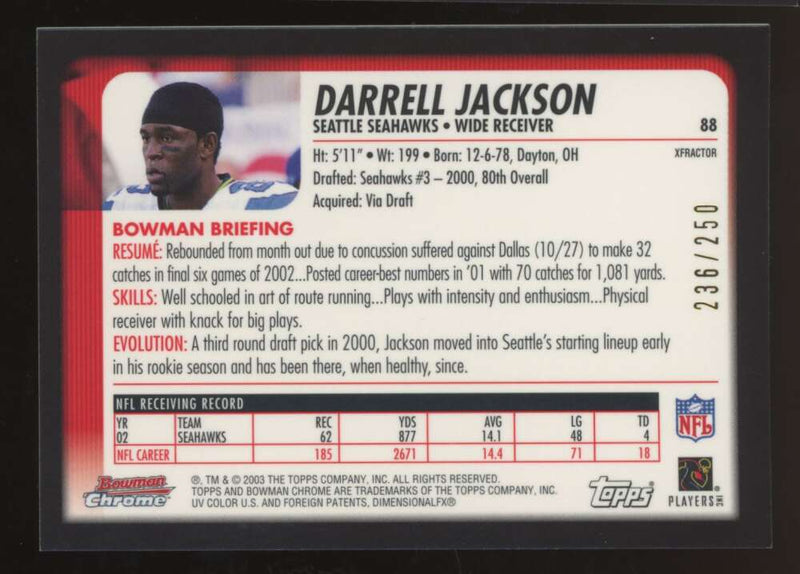 Load image into Gallery viewer, 2003 Bowman Chrome Xfractor Darrell Jackson #88 Seattle Seahawks /250 Image 2
