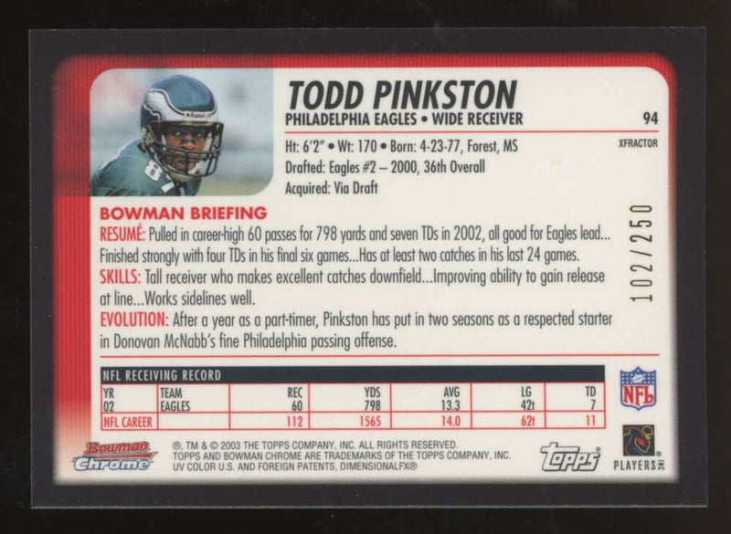 Load image into Gallery viewer, 2003 Bowman Chrome Xfractor Todd Pinkston #94 Philadelphia Eagles /250 Image 2
