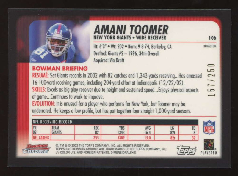 Load image into Gallery viewer, 2003 Bowman Chrome Xfractor Amani Toomer #106 New York Giants /250 Image 2
