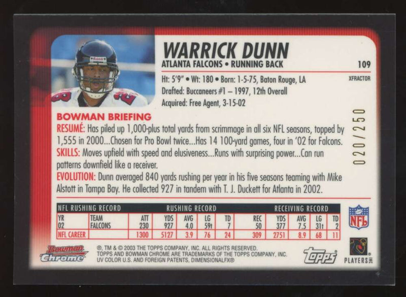 Load image into Gallery viewer, 2003 Bowman Chrome Xfractor Warrick Dunn #109 Atlanta Falcons /250 Image 2
