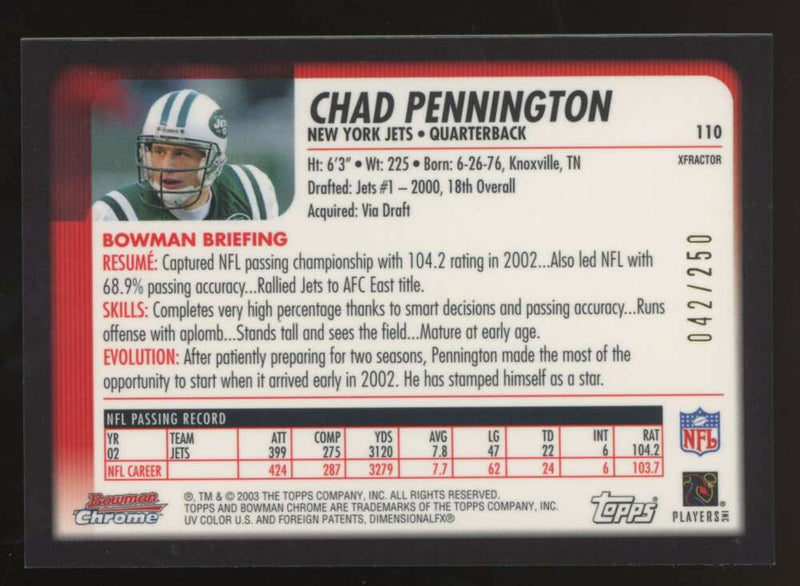 Load image into Gallery viewer, 2003 Bowman Chrome Xfractor Chad Pennington #110 New York Jets /250 Image 2
