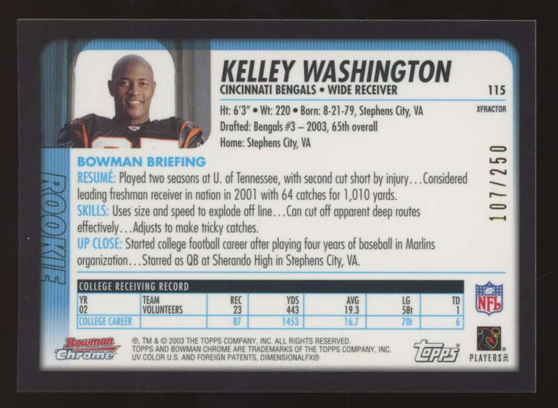 Load image into Gallery viewer, 2003 Bowman Chrome Xfractor Kelley Washington #115 Cincinnati Bengals /250 Image 2
