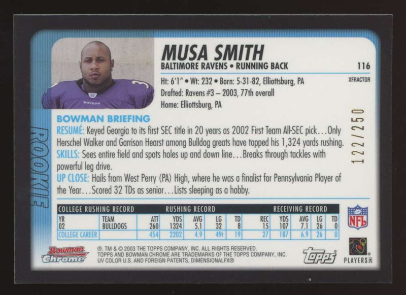 Load image into Gallery viewer, 2003 Bowman Chrome Xfractor Musa Smith #116 Baltimore Ravens /250 Image 2
