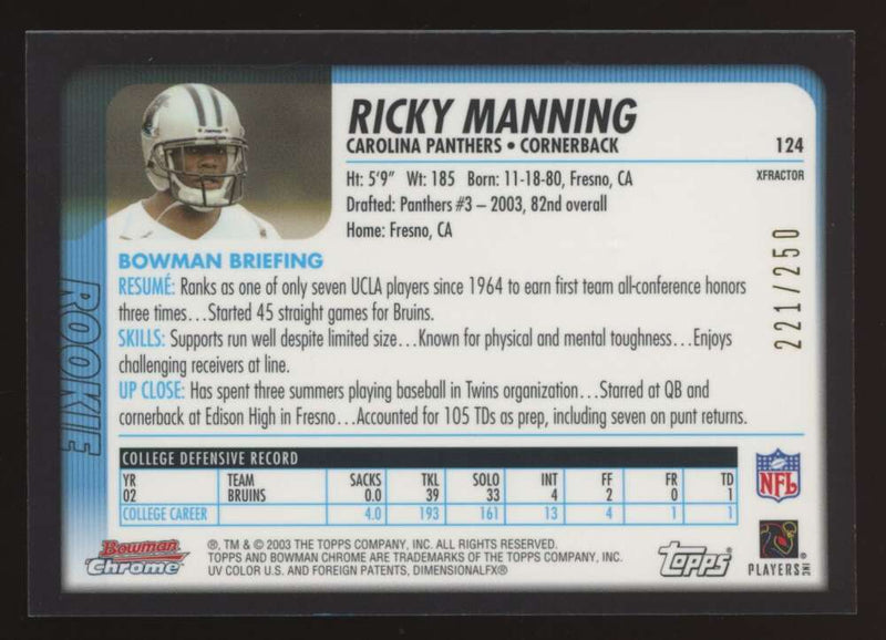 Load image into Gallery viewer, 2003 Bowman Chrome Xfractor Ricky Manning #124 Carolina Panthers /250 Image 2
