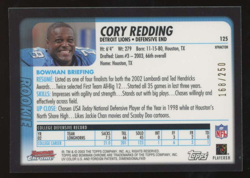 Load image into Gallery viewer, 2003 Bowman Chrome Xfractor Cory Redding #125 Detroit Lions /250 Image 2
