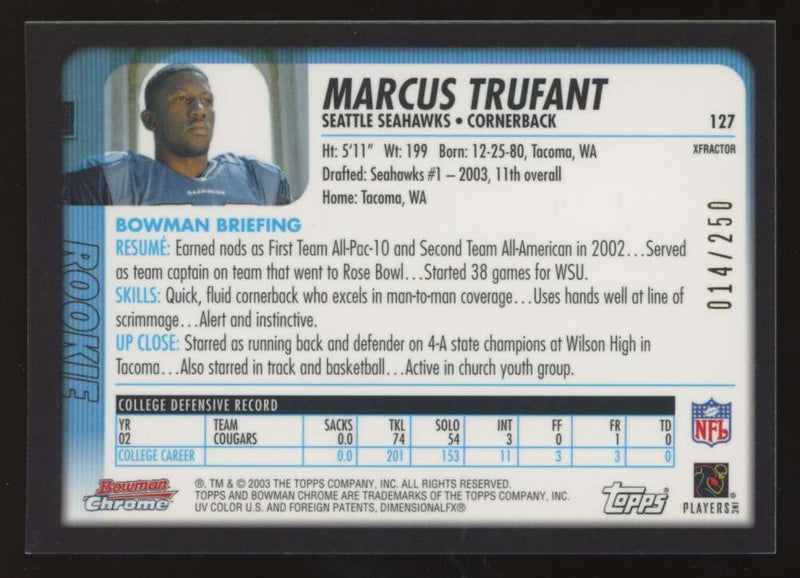 Load image into Gallery viewer, 2003 Bowman Chrome Xfractor Marcus Trufant #127 Seattle Seahawks /250 Image 2
