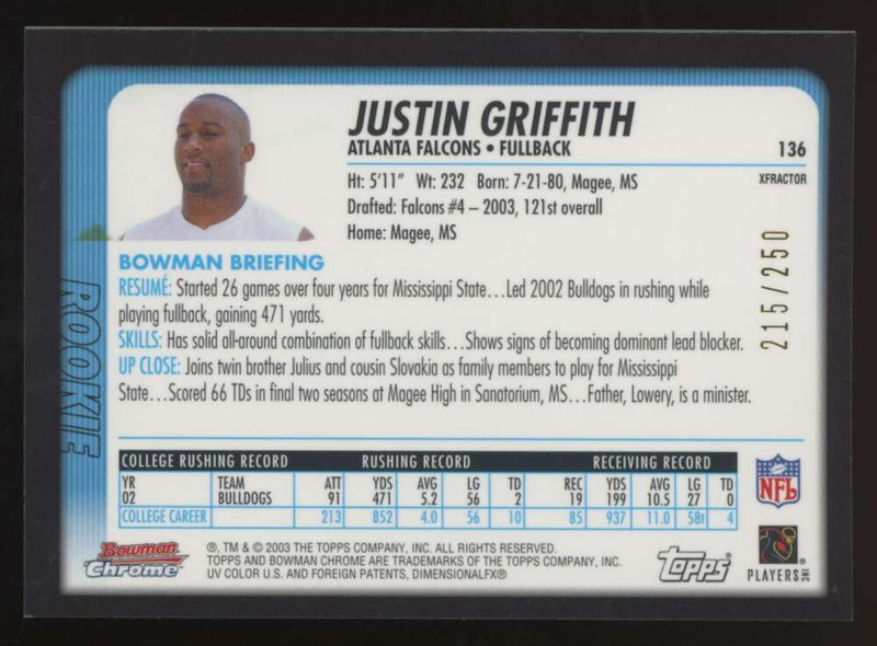 Load image into Gallery viewer, 2003 Bowman Chrome Xfractor Justin Griffith #136 Atlanta Falcons /250 Image 2
