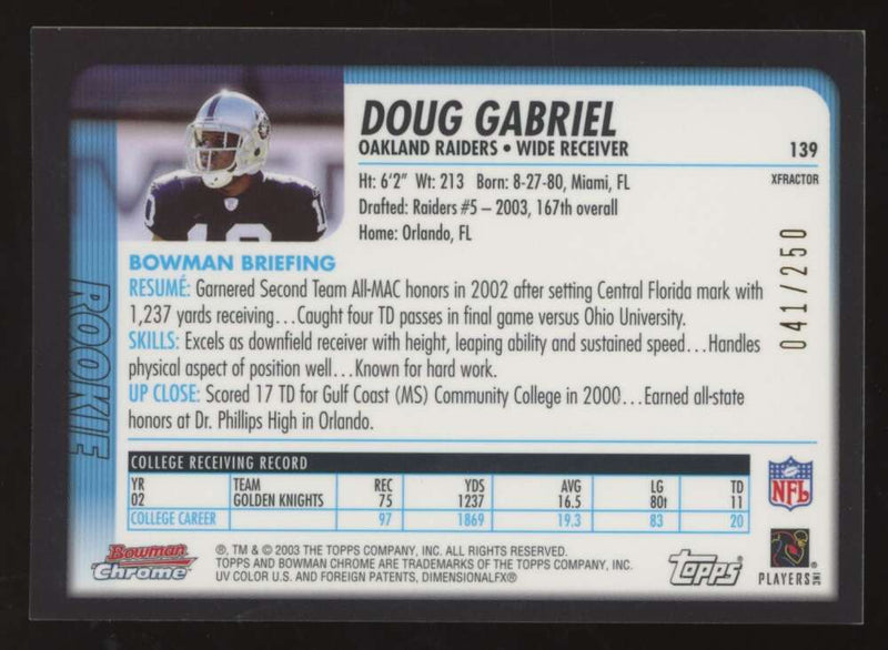 Load image into Gallery viewer, 2003 Bowman Chrome Xfractor Doug Gabriel #139 Oakland Raiders /250 Image 2
