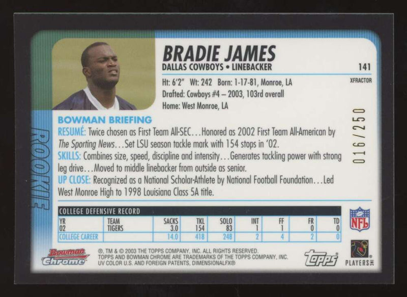 Load image into Gallery viewer, 2003 Bowman Chrome Xfractor Bradie James #141 Dallas Cowboys /250 Image 2
