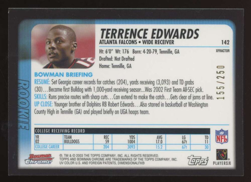 Load image into Gallery viewer, 2003 Bowman Chrome Xfractor Terrence Edwards #142 Atlanta Falcons /250 Image 2
