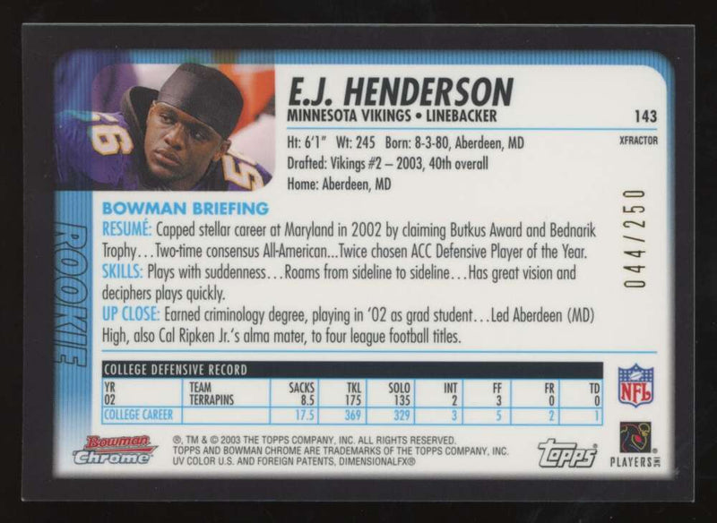 Load image into Gallery viewer, 2003 Bowman Chrome Xfractor E.J. Henderson #143 Minnesota Vikings /250 Image 2
