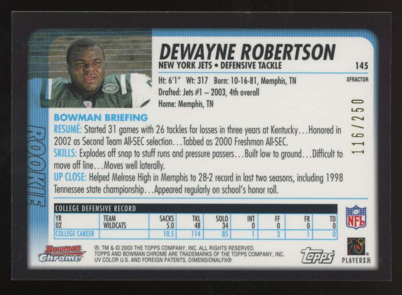 Load image into Gallery viewer, 2003 Bowman Chrome Xfractor DeWayne Robertson #145 New York Jets /250 Image 2
