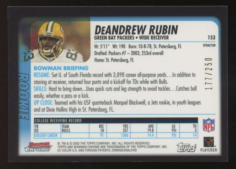 Load image into Gallery viewer, 2003 Bowman Chrome Xfractor DeAndrew Rubin #153 Green Bay Packers /250 Image 2
