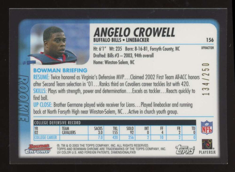 Load image into Gallery viewer, 2003 Bowman Chrome Xfractor Angelo Crowell #156 Buffalo Bills /250 Image 2
