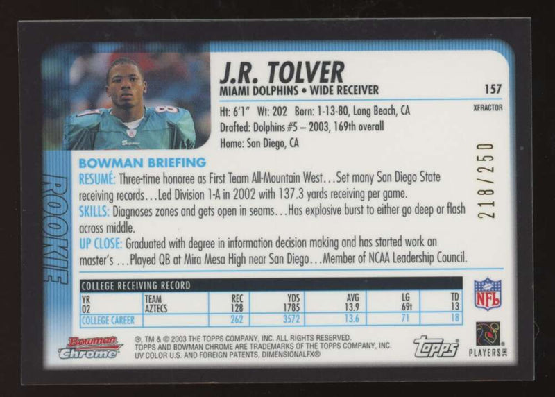 Load image into Gallery viewer, 2003 Bowman Chrome Xfractor J.R. Tolver #157 Miami Dolphins /250 Image 2
