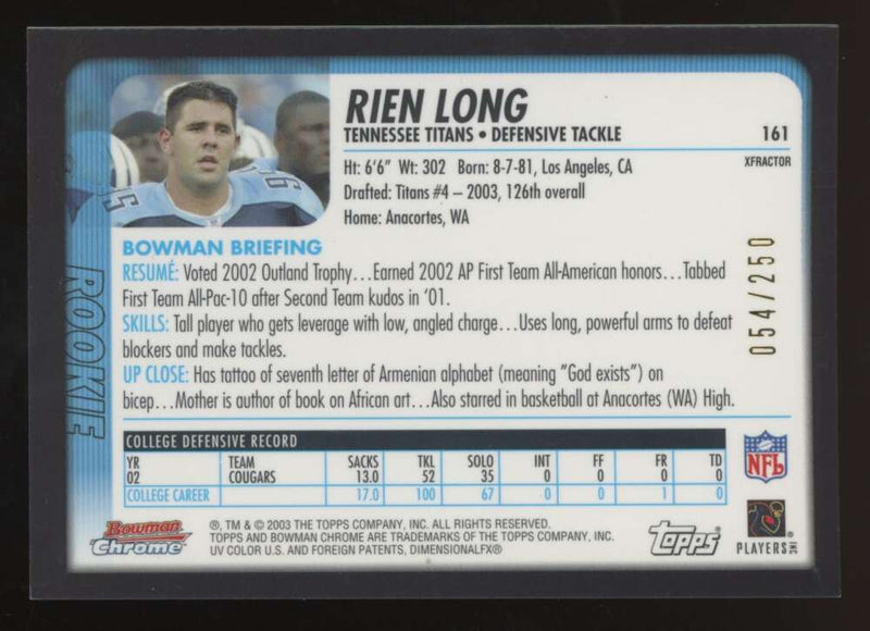 Load image into Gallery viewer, 2003 Bowman Chrome Xfractor Rien Long #161 Tennessee Titans /250 Image 2
