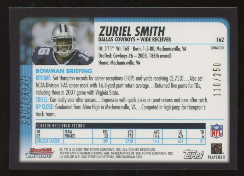 Load image into Gallery viewer, 2003 Bowman Chrome Xfractor Zuriel Smith #162 Dallas Cowboys /250 Image 2
