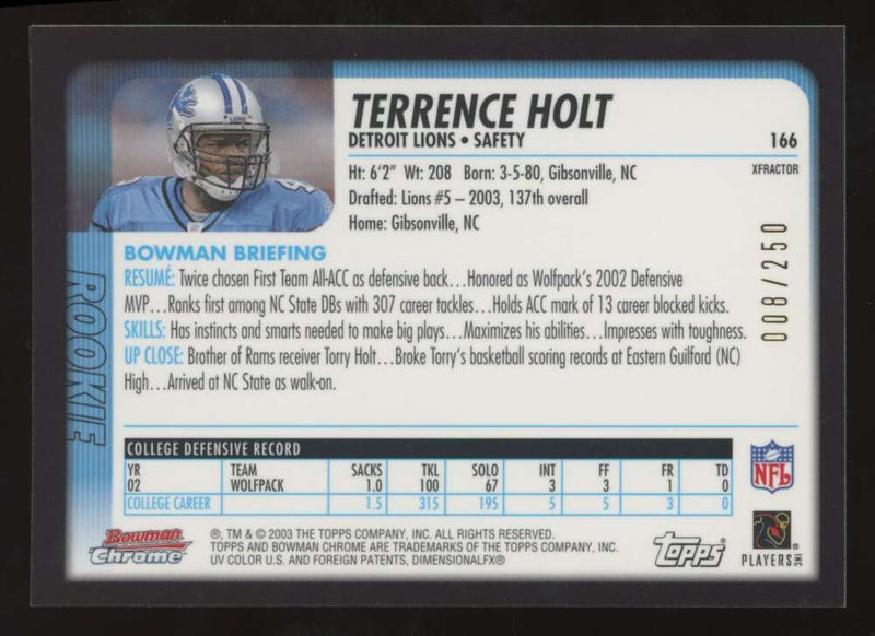 Load image into Gallery viewer, 2003 Bowman Chrome Xfractor Terrence Holt #166 Detroit Lions /250 Image 2
