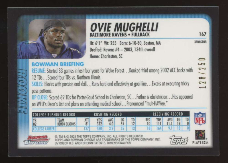 Load image into Gallery viewer, 2003 Bowman Chrome Xfractor Ovie Mughelli #167 Baltimore Ravens /250 Image 2
