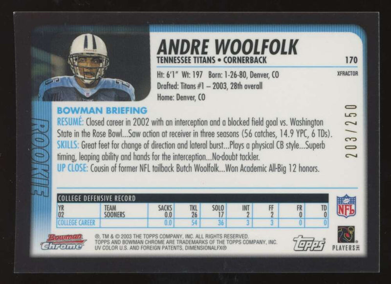 Load image into Gallery viewer, 2003 Bowman Chrome Xfractor Andre Woolfolk #170 Tennessee Titans /250 Image 2
