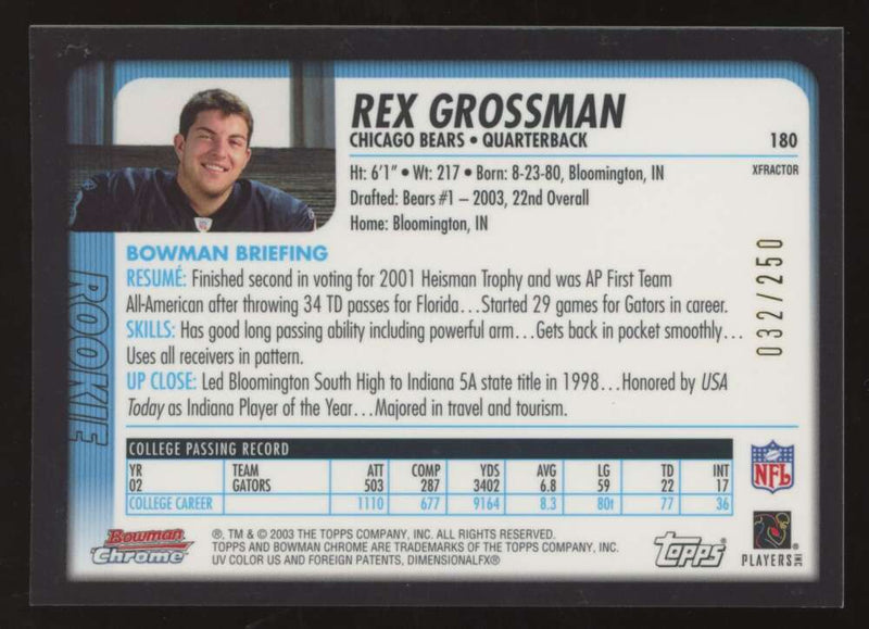 Load image into Gallery viewer, 2003 Bowman Chrome Xfractor Rex Grossman #180 Chicago Bears /250 Image 2
