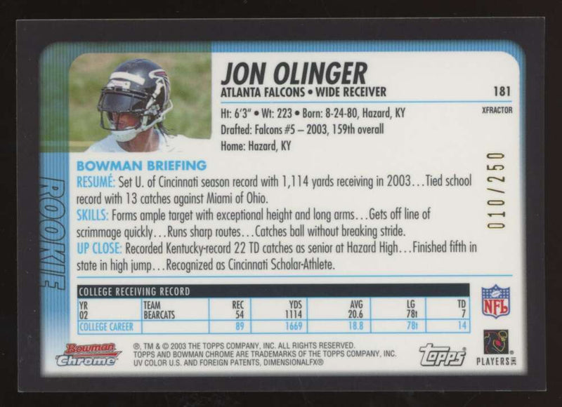 Load image into Gallery viewer, 2003 Bowman Chrome Xfractor Jon Olinger #181 Atlanta Falcons /250 Image 2
