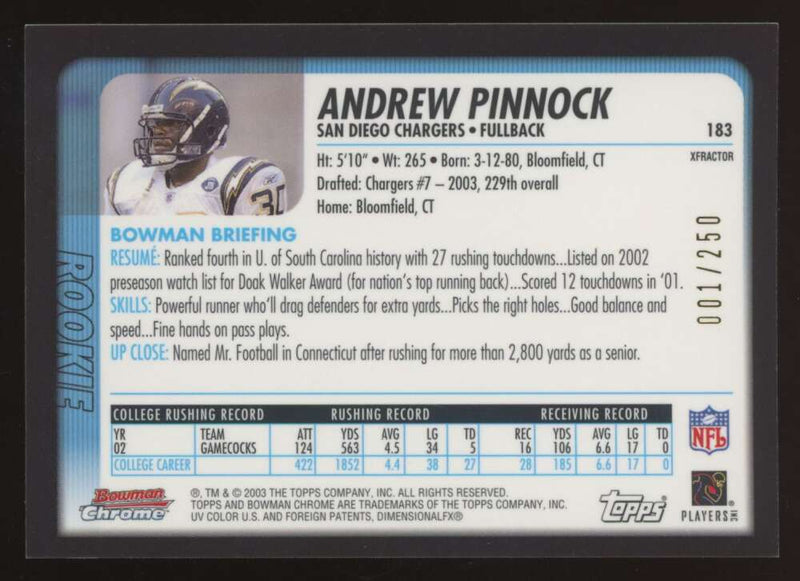 Load image into Gallery viewer, 2003 Bowman Chrome Xfractor Andrew Pinnock #183 San Diego Chargers /250 Image 2
