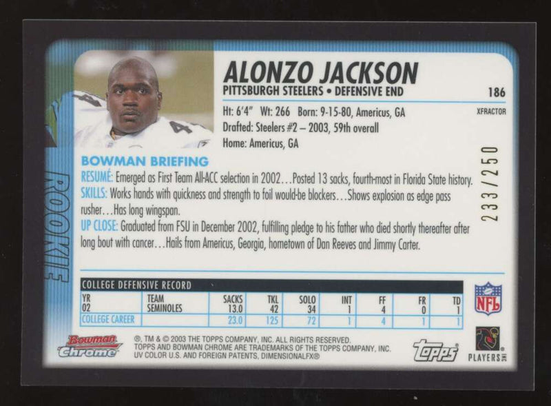 Load image into Gallery viewer, 2003 Bowman Chrome Xfractor Alonzo Jackson #186 Pittsburgh Steelers /250 Image 2
