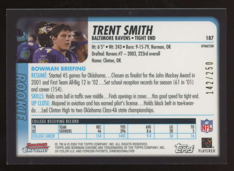 Load image into Gallery viewer, 2003 Bowman Chrome Xfractor Trent Smith #187 Baltimore Ravens /250 Image 2
