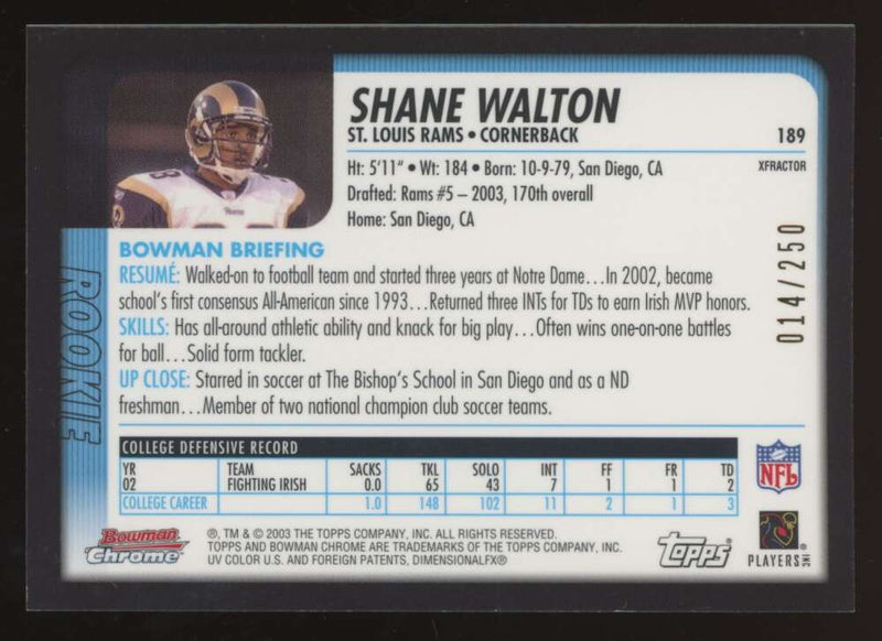 Load image into Gallery viewer, 2003 Bowman Chrome Xfractor Shane Walton #189 /250 Image 2
