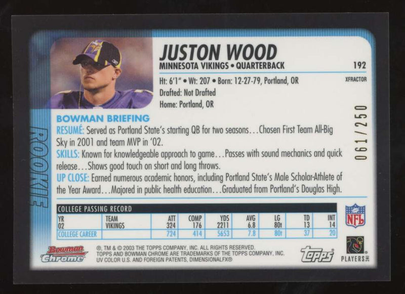 Load image into Gallery viewer, 2003 Bowman Chrome Xfractor Juston Wood #192 Minnesota Vikings /250 Image 2
