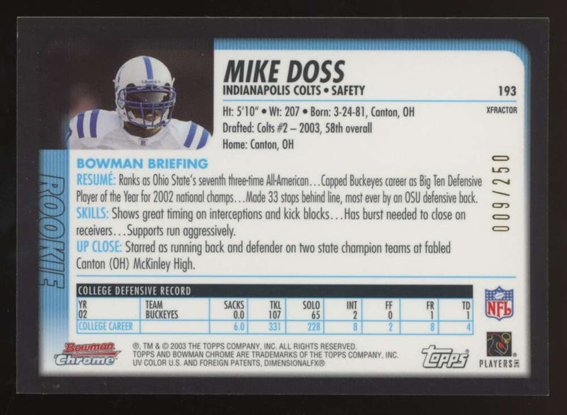 Load image into Gallery viewer, 2003 Bowman Chrome Xfractor Mike Doss #193 Indianapolis Colts /250 Image 2
