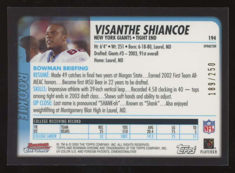 Load image into Gallery viewer, 2003 Bowman Chrome Xfractor Visanthe Shiancoe #194 New York Giants /250 Image 2
