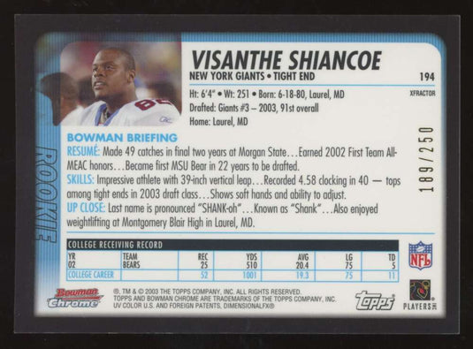 2003 Bowman Chrome Xfractor Visanthe Shiancoe