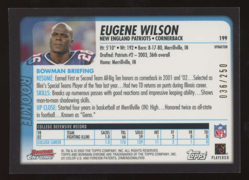 Load image into Gallery viewer, 2003 Bowman Chrome Xfractor Eugene Wilson #199 New England Patriots /250 Image 2
