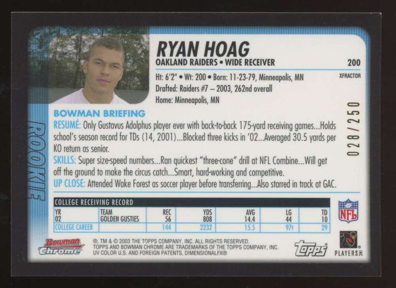 Load image into Gallery viewer, 2003 Bowman Chrome Xfractor Ryan Hoag #200 Oakland Raiders /250 Image 2
