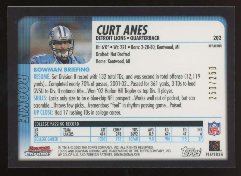 Load image into Gallery viewer, 2003 Bowman Chrome Xfractor Curt Anes #202 Detroit Lions /250 Image 2
