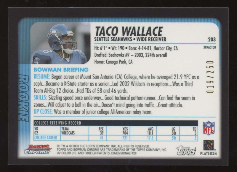 Load image into Gallery viewer, 2003 Bowman Chrome Xfractor Taco Wallace #203 Seattle Seahawks /250 Image 2
