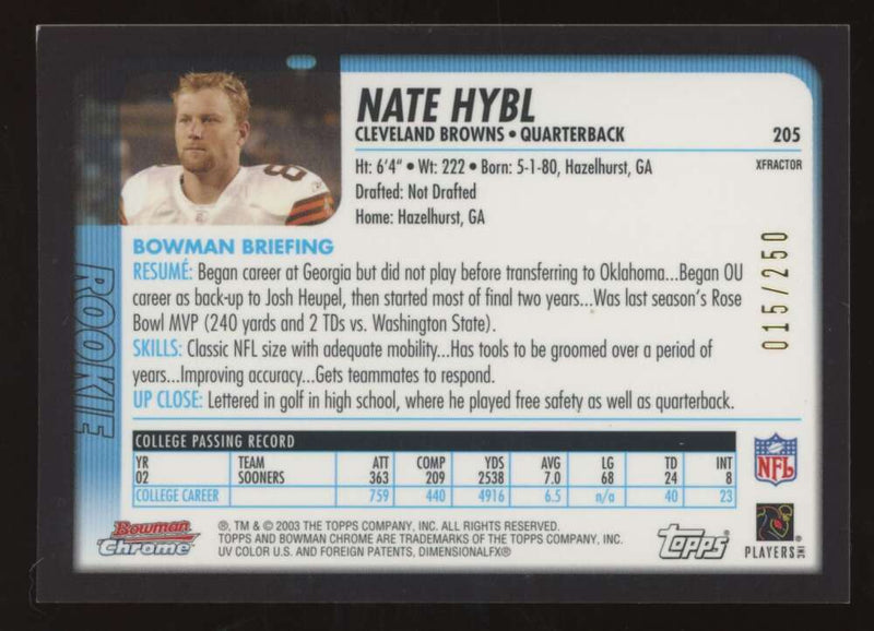 Load image into Gallery viewer, 2003 Bowman Chrome Xfractor Nate Hybl #205 Cleveland Browns /250 Image 2
