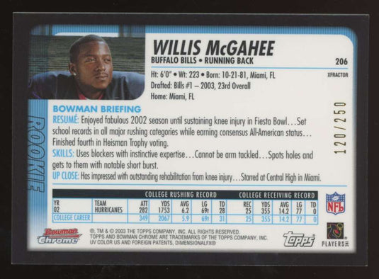 2003 Bowman Chrome Xfractor Willis McGahee 