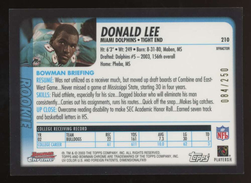 Load image into Gallery viewer, 2003 Bowman Chrome Xfractor Donald Lee #210 Miami Dolphins /250 Image 2
