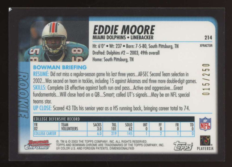 Load image into Gallery viewer, 2003 Bowman Chrome Xfractor Eddie Moore #214 Miami Dolphins /250 Image 2
