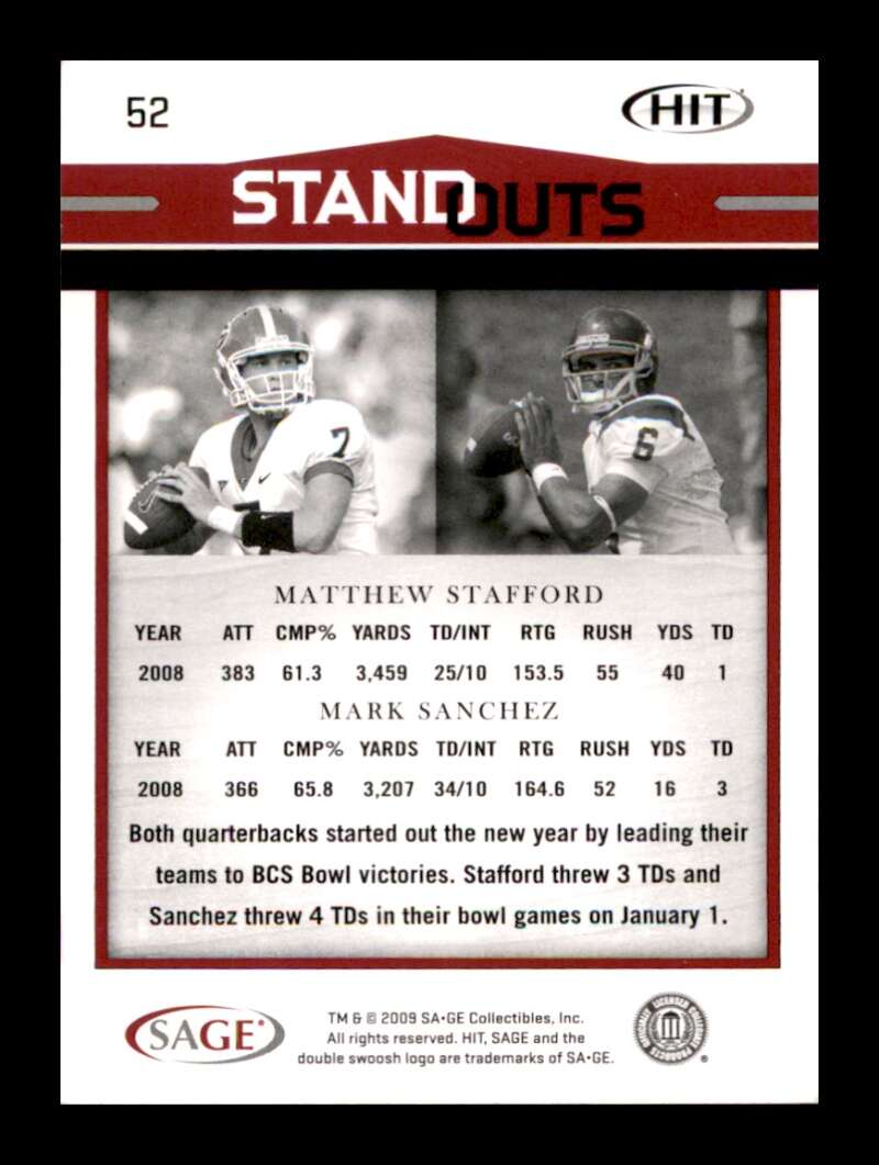 Load image into Gallery viewer, 2009 SAGE HIT Standouts Mark Sanchez Matthew Stafford #52 Rookie RC Image 2
