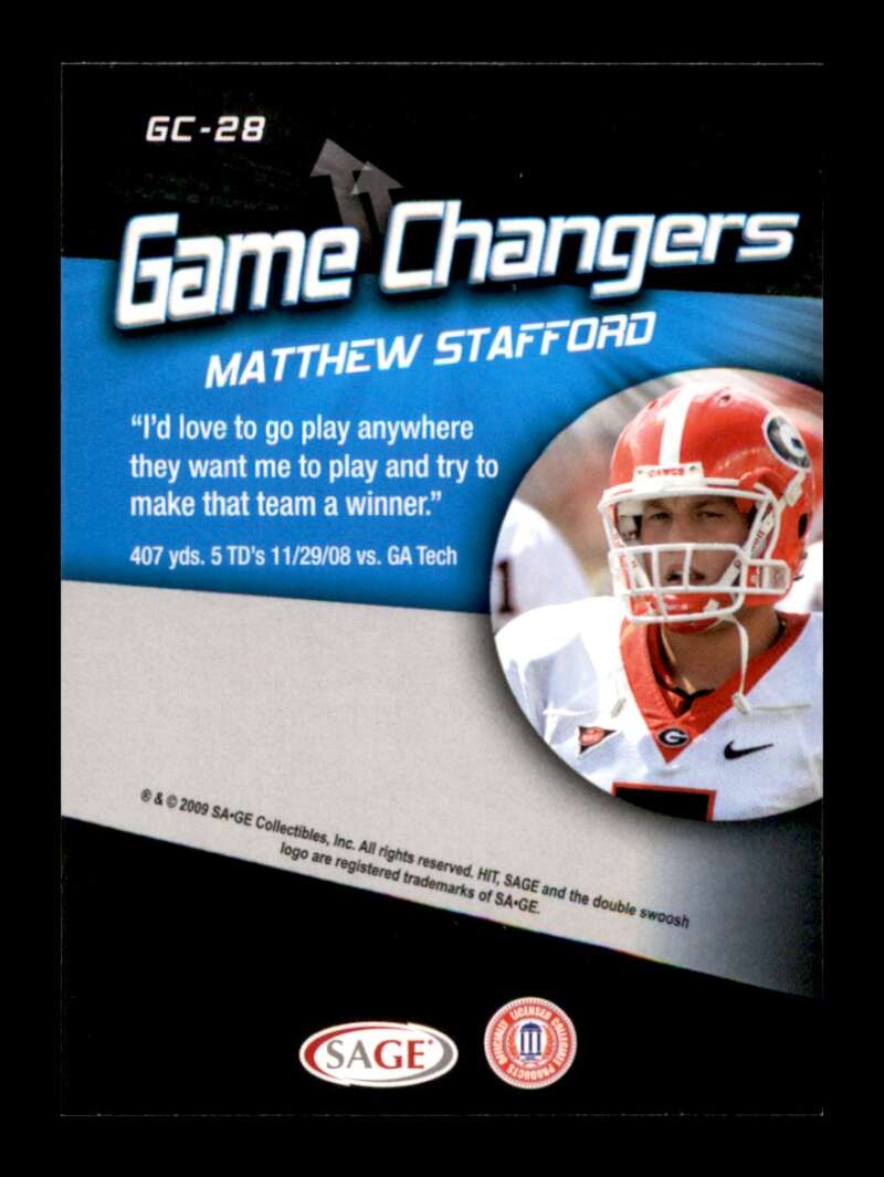 Load image into Gallery viewer, 2009 SAGE HIT Game Changers Matthew Stafford #GC-28 Detroit Lions Rookie RC  Image 2
