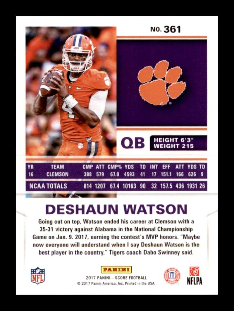 Load image into Gallery viewer, 2017 Score Rookies Deshaun Watson #361 Clemson Tigers Rookie RC  Image 2
