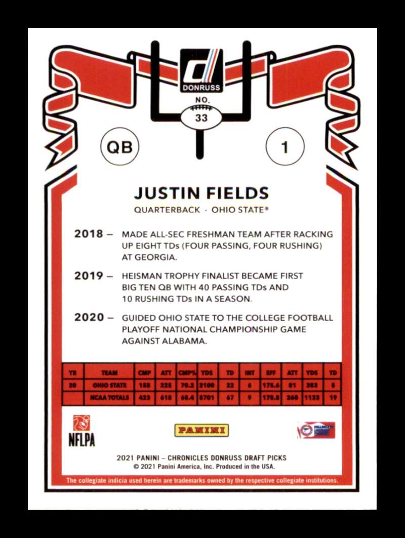 Load image into Gallery viewer, 2021 Panini Chronicles Draft Donruss Retro Justin Fields #33 Ohio State Buckeyes Rookie RC  Image 2
